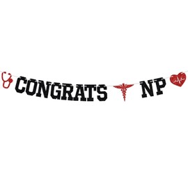 Black Glitter Congrats NP Banner, Congrats Nurse/RN Banner Decorations, 2025 Nursing School Graduation Party Decorations Supplies