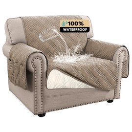 PrinceDeco 100% Waterproof Chair Sofa Slipcover for Living Room Water Resistant Couch Cover Furniture Protector Cover with Elastic Straps for Pets Kids Children Dog Cat(Chair 23", Taupe)