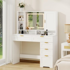 FTZxHKLX White Makeup Vanity Desk with Mirror & Light & Power Outlet, 43.3inch Vanity Desk with 5 Drawers, Makeup Vanity Table with Cabinet & Hidden/Open Adjustable Shelf for Bedroom