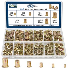 Vifmy SAE Rivet Nut Assortment Kit(240Pcs),#6-32#8-32#10-24 1/4"-20 5/16"-18 3/8"-16 UNC Rivnut Threaded Insert Nut Set,Zinc Plated Finish Carbon Steel Nutsert