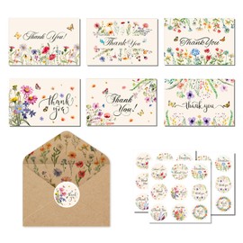 Floral Greeting Cards with Envelopes, 24-Piece Set of Floral Themed Greeting Cards, Folding Postcards with Envelopes and Stickers for Kids, Family, Friends, Thank You Cards