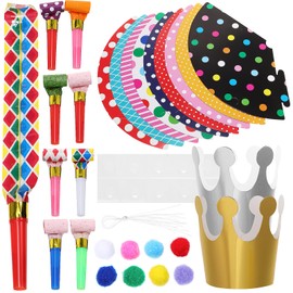 Veemoon Party Hats and Blowers Set, 9 Cone Paper Hat + 2 Paper Crown + 10 Blowers, Funny Party Horn for Photo Props Festival Birthday Celebrations Adult Kids