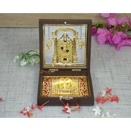 GoldGiftIdeas 24K Gold Plated Tirupati Balaji Photo Frame with Charan Paduka, Return Gifts for Pooja, Balaji Wooden Momento Gift, Venkateshwara Swami Photo Frame for Home Decor (Pack of 5)