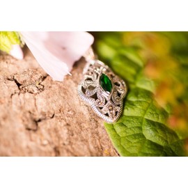 Windalf Luca Jewellery Pendant 3.7 cm Marcasite Green Emerald 925 Sterling Silver, Sterling Silver, Cubic Zirconia