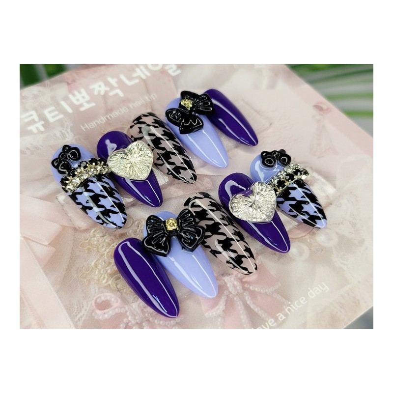 Purple Houndstooth Handmade Nail Tips - Square S / 퍼플