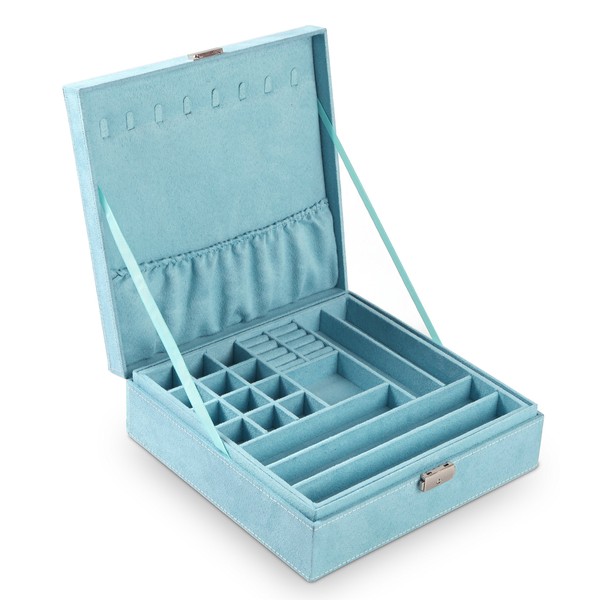 Sodynee Two-Layer Lint Jewelry Box Organizer Display Storage Case with Lock, Blue