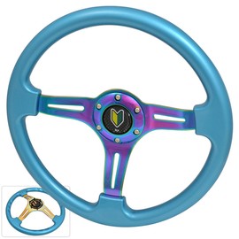 AJP Distributors Universal 350mm 6 Bolt Hole Heavy Duty Light Weight Steering Wheel Sky Blue Trim Neo Chrome Center Streak Design Wakaba Jdm Leaf Horn