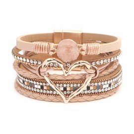 GZJINYUAN Heart Leather Wrap Bracelet, Boho Layered Cuff Bangles with Strong Clasp, Rhinestone Multilayer Stackable Bracelets for Women Girls Gift (Rose Gold), One Size, Faux Leather, no gemstone