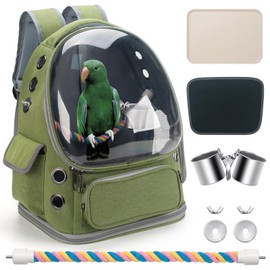 Kreachur Bird Backpack Carrier Travel Cage with Perch, Tray and Breathable Clear Window, Bird Travel Cage for Cockatiel Caique Conure Quaker, for Vetting Camping Hiking (Green)