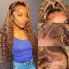 Amzluck Highlight Ombre Lace Front Wig Human Hair 13x4 Deep Wave Lace Front Wigs Human Hair Honey Blonde 4/27 Deep Curly Wig HD Lace Glueless Wig Human Hair Pre Plucked 200 Density 34 Inch