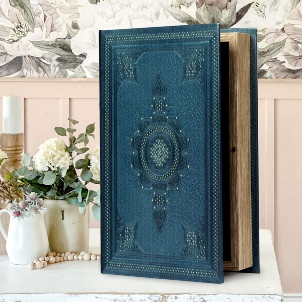 DROFELY Decorative Book Box Vintage Style Fake Book Dark Blue Faux Leather Embossing Book Box Vintage Book Storage Box 2-03