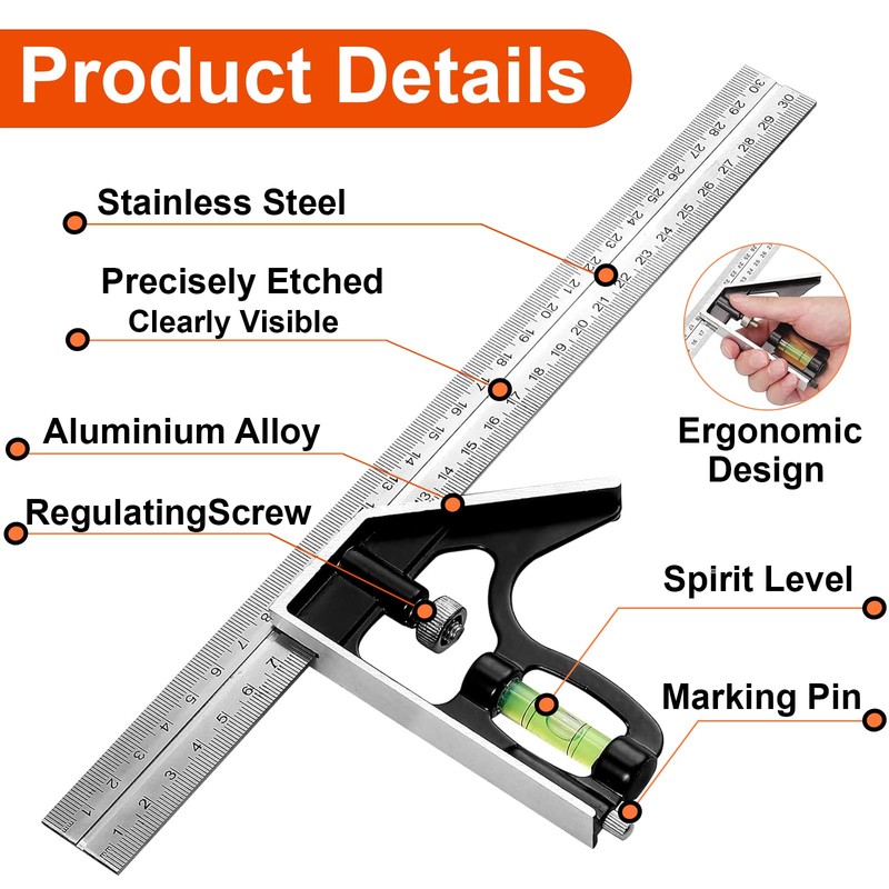 Combination Try Square Engineers Set Square, Stainless Steel Angle Ruler