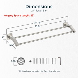 FORIOUS Double Towel Bar, 24 Inch Dual Towel Racks for Bathroom Wall Mounted, Thicken SUS304 Stainless Steel Bath Square Towel Rod Towel Holder Rail, Brushed Nickel