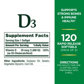 Nature's Bounty Vitamin D3 Vitamin Supplement, Supports Immune System and Bone Health, 1000IU, 120 Softgels