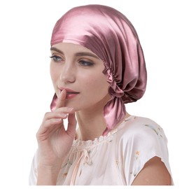 Everkeen 100% Mulberry Silk Night Sleep Cap for Women Hair Beauty Bonnet Sleeping Hat with Adjustable Elastic Ribbon , Pink, L