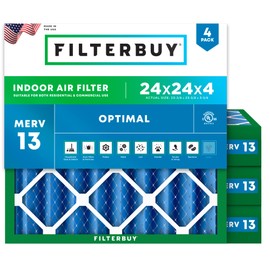 Filterbuy 24x24x4 Air Filter MERV 13 Optimal Smoke & Allergy Defense (4-Pack), Electrostatic Pleated HVAC AC Furnace Filters Replacement, Made in USA (Actual Size: 23.38 x 23.38 x 3.63)