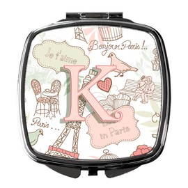 Caroline's Treasures CJ2002-KSCM Letter K Love in Paris Pink Compact Mirror Decorative Travel Makeup Mirror for Women Girls Gifts Pocket Makeup Mirror Folding Handheld