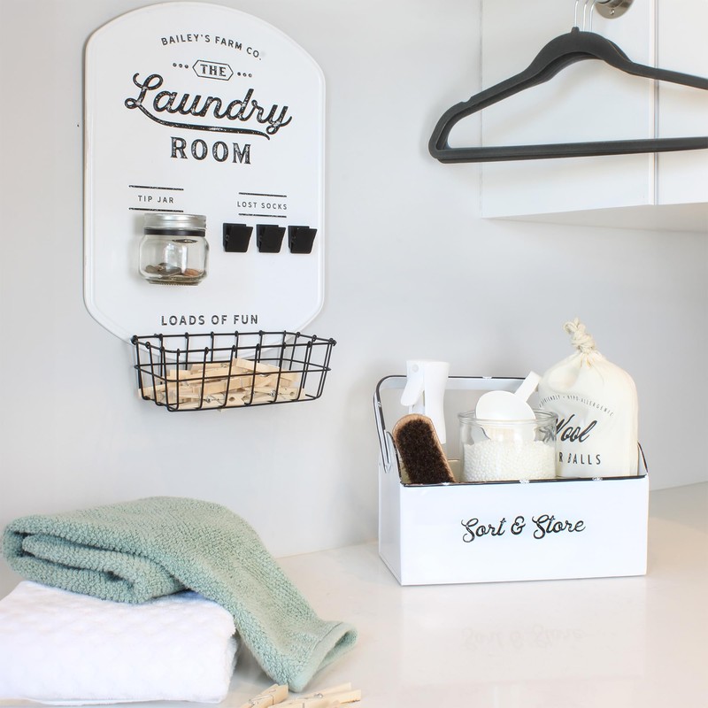 AuldHome Design Enamelware Rustic Caddy w/Handle, Distressed White Farmhouse Sort