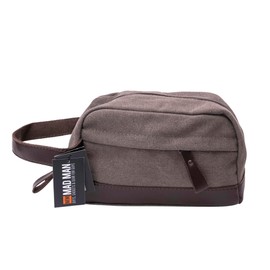 Mad Man Men's Canvas Toiletry Bag Travel Dopp Kit with Leather Trim - Waterproof Shaving Bag for Toiletries, Grooming, and Accessories - Grey (5" x 9" x 4.5")