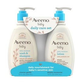 Aveeno Baby Set de regalo de cuidado diario con extracto de avena y avena prebiótica, contiene loción corporal hidratante diaria y jabón suave de baño y champú 2 en 1, hipoalergénico y sin parabenos, paquete de dos