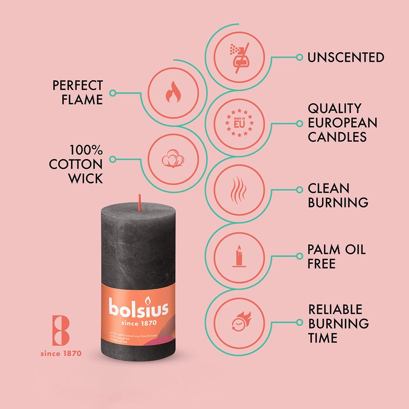 BOLSIUS 4 Pack Black (Stormy Gray) Rustic Pillar Candles -