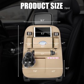 ZNDAW 2PCS Car Seatback Organizer, Waterproof Leather Seat Back Storage with Cup Holder Tissue Holder Multiple Pockets, Back Seat Protector Kick Mats for Kids, Travel Accessories (Beige)