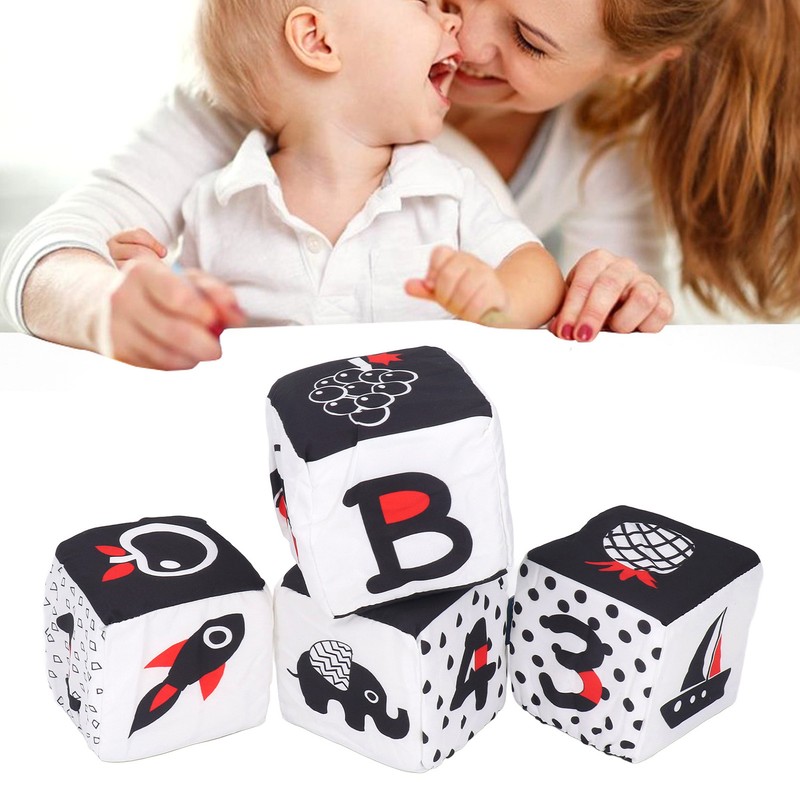 4pcs Baby Cloth Blocks Toy Letters Animals Learning Black White