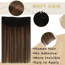 Ugeat 24inch Sew in Bundles Human Hair Double Weft Brown Weft Hair Extensions Remy Hair Darkest Brown with Medium Brown Balayage Hand Tied Wefts Real Hair 105G