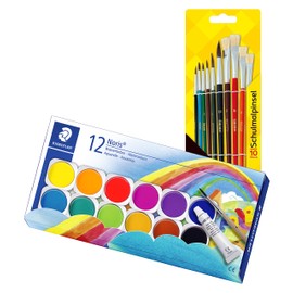 Staedtler Noris Club Watercolours Paint Set - 12 Colours, 1 Tube of Opaque White, 1 Brush - 888 NC12, multicoloured