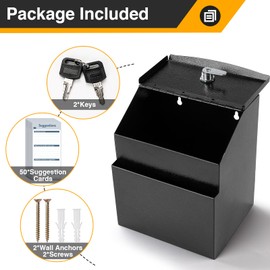 LINSIRON Suggestion Box with Lock for Office & Hotel - Includes 50 Free Cards, Black Metal Donation Box, Cash box,Ballot box, Secure Wall Mounted