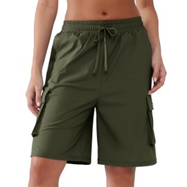 YIPINK Women's Hiking Cargo Shorts with Pockets Quick Dry Lightweight Wide Leg Knee Length Outdoor Summer Shorts Army Green