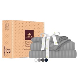 Tissaj Organic Cotton Sheets Twin XL Size – Damask Stripes Cloud Grey – GOTS Certified – Durable Quality – Extra Deep Pockets & Secure Fit – Hotel Quality Sheets – Sateen Weave – Set of 3