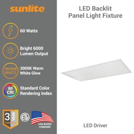 Sunlite 85380 2x4 FT LED Flat Panel Light, Lay-in Fixture, 60 Watts, 6000 Lumens, 3000K Color Temperature, 120-277V, Dimmable, 50,000 Hour Life Span, Energy Efficient, ETL Listed, 2 Pack