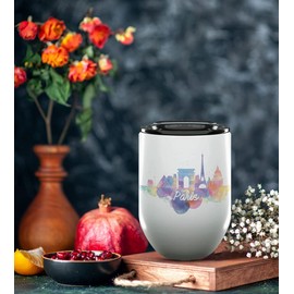 Paris France Gifts and Souvenirs - 12 Oz Insulated Wine Tumbler with Lid - Paris College Graduation Gifts - Unique Drinkware - Europe Long Distance Gifts for Her & Homesick Student Gifts