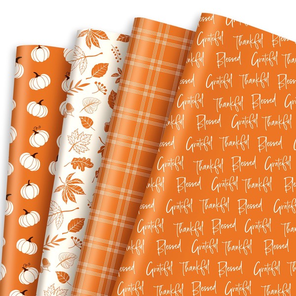 Whaline 12 Sheet Fall Wrapping Paper Autumn Leaves Pumpkin Plaid