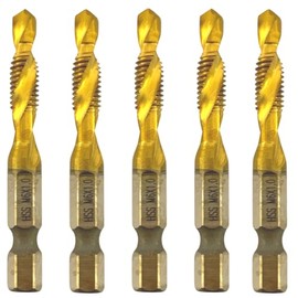 Rennie Tools - Pack Of 5 - M6 x 1 Combination Drill and Tap Bit, 1/4" Hex Shank. Metric Coarse Titanium Coated HSS Spiral Flute Drilling Tapping Tool. 6mm x 1mm Pitch Drill Bit.