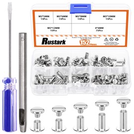 Rustark 75 Sets 5 Sizes Silver M5 Chicago Screws Set with Adjustment Tool, Chicago Book Bolts Chicago Leather Rivets Screw Rivets Chicago Binding Screws for DIY Leather Crafts Bookbinding