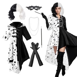 Suffolly Deville Costume Adult Adult World Book Day Costumes 6PCS Deville Costume Set with Black and White Wig,Dress,Necklace,Bracelet,Rod,Gloves,Shawl Costumes for World Book Day (Women, M)