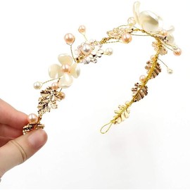 Gold Tiaras for women Pearl Bride Crowns Wedding Headpiece Gold Flower Bridal Hair Piece Princess Leaf Headdress Birthday Party Prom for Women (Gold)