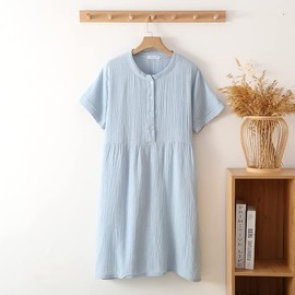 Room Dress, Gauze, Women's, Pajamas, Spring/Summer, 100% Cotton, Comfortable to the Touch, Cotton, Sleepwear, Cute, Loungewear, Breathable, Present, blue short sleeve