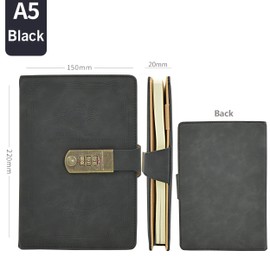 Auvier Diary with Lock, PU Leather Password Lock Notebook, Lockable Journal for Adults with Combination Lock, A5 Writing Notebook Secret Notepad for Office Women Men, Black