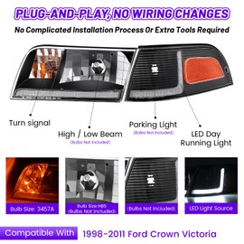 XGWZ Headlight Assembly LED DRL Compatible with 1998-2011 Ford Crown Victoria 98-11 Ford Crown Victoria w/Corner Headlamp (Black Housing Amber Reflector, A)