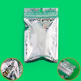 Pack of 100 Clear/Silver Print Holographic Metallic Foil Flat QuickQlick Resealable Food Storage Flat Bags (7 Inch x 10 Inch, Swirl Design)