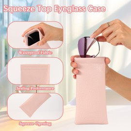 COMF-PRO Squeeze Top Sunglass Pouch - Portable Sunglass Organizer Pouch Bags Soft PU Leather Glasses 2 Pack (Mica Green+Light Pink)