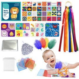 Orizizhic 28 Pcs Baby Sensory Set Safe Material, Sensory Toys for Babies with Foil Blanket Sensory Scarf Crinkle Papers Rainbow Ribbon Loop Feathers Cheerleading Pom Poms, for Baby 0 3 6 9 12 Months