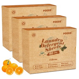 Poesie Laundry Detergent Sheets Citrus Scent 3 Pack 480 Sheets 240 Loads Eco-Friendly Zero Plastic Portable Green Package Liquid Less HE Washing Detergent Strips for Save Place Traveling