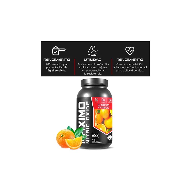 Óxido Nítrico 1kg Maximo Protein Pre Entreno 200 Servicios
