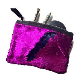 Flip Sequin Makeup Bag – Reversible Mermaid Sequin Pouch – Two-Tone Sparkly Clutch – Cosmetic Brush Holder & Travel Purse (Pink & Purple)