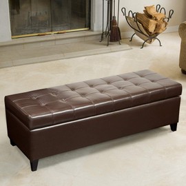 Edeco Faux Leather Rectangular Storage Bench Ottoman Tufted Footrest with Solid Wood Legs(Brown)