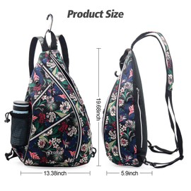 ZOEA Pickleball Bag, Sport Pickleball Sling Bag for Women Man, Adjustable Pickleball Backpack with Fence Hook Water Bottle Holder, Fits 4 Paddles and All Your Other Gear, Flower Black, L, Pickleball